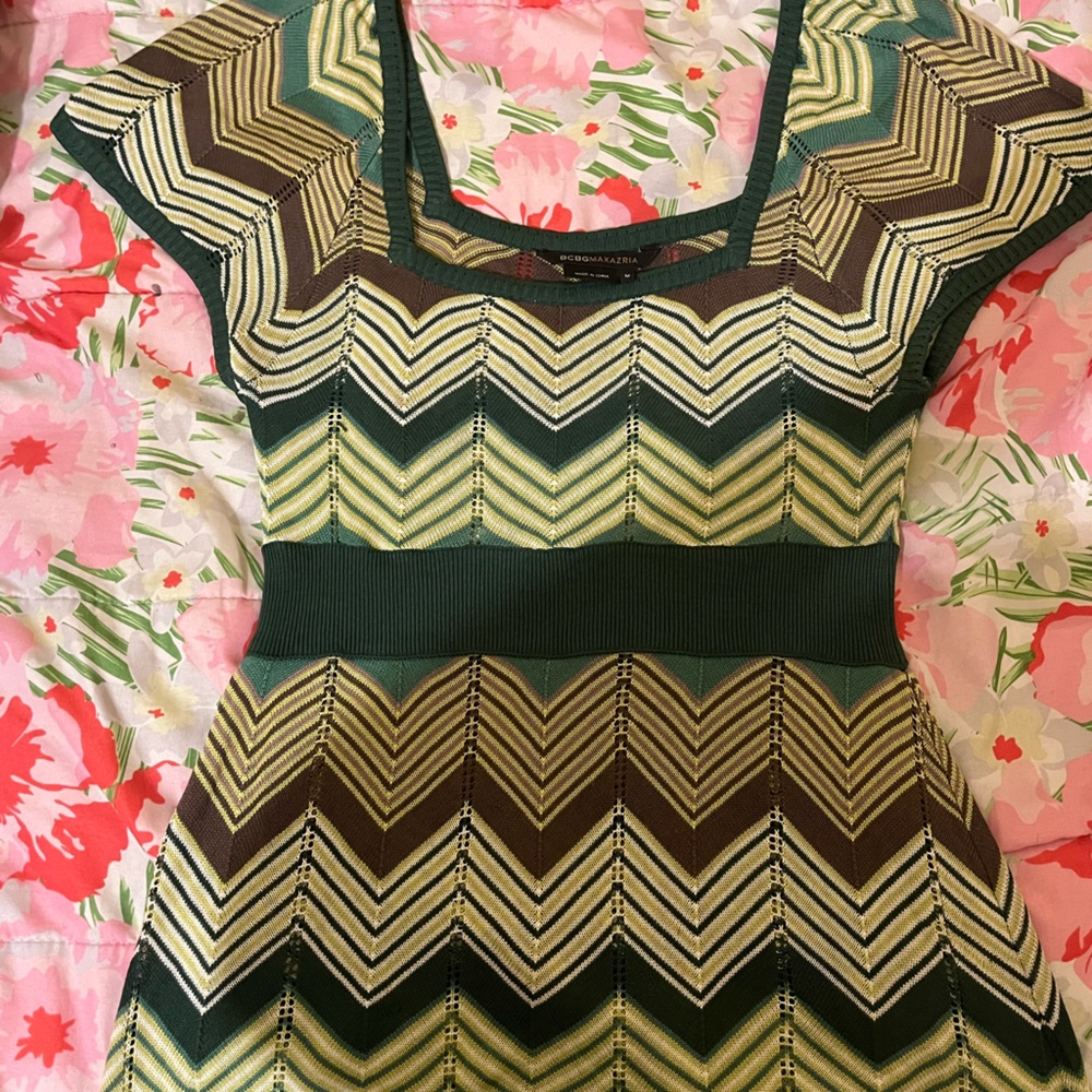 BCBGMaxAzria Green and Brown Chevron Dress